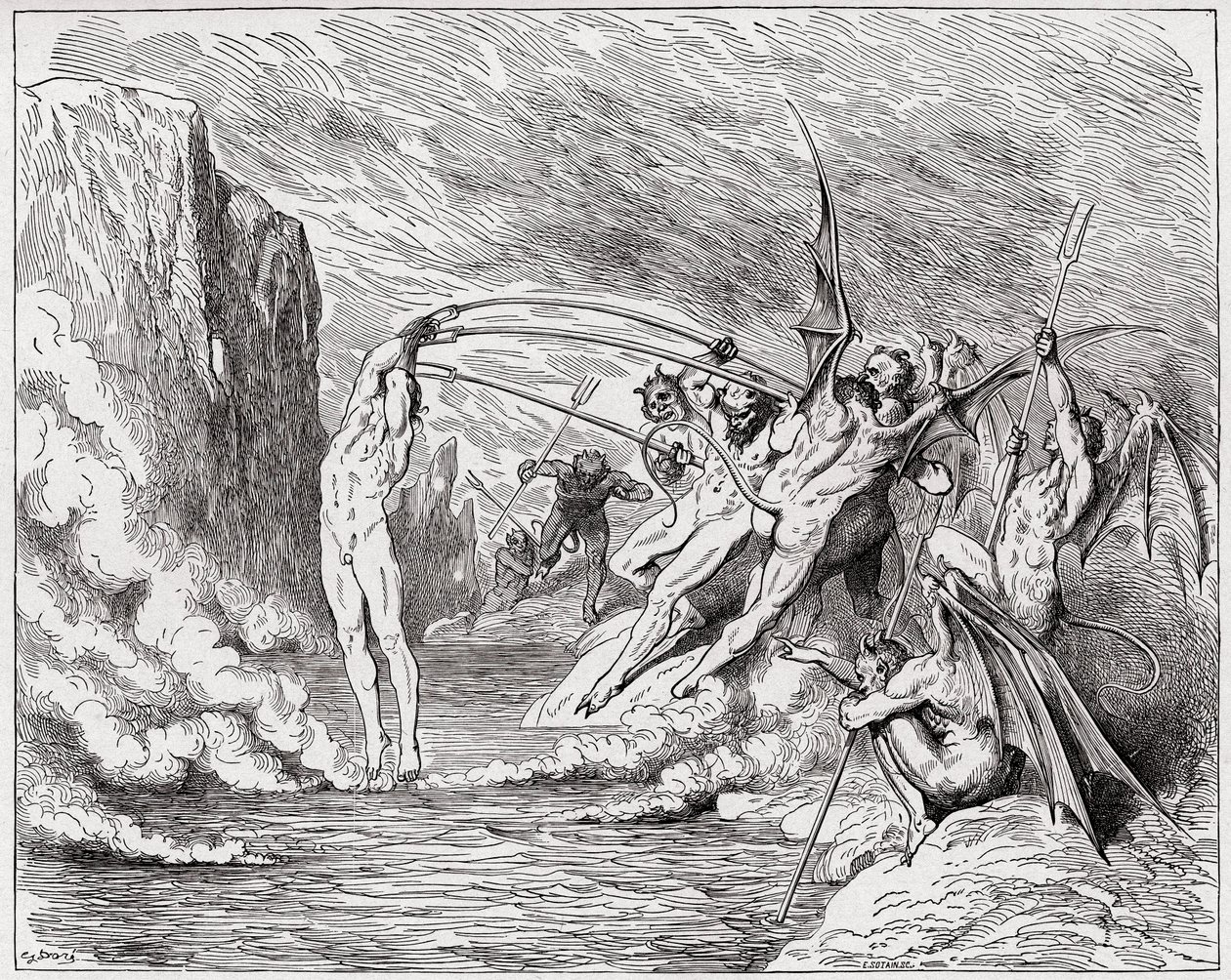 The Divine Comedy (La Divina Commedia, La Divine Comedie), Inferno, Canto 21: Devils torment the barrators - av Dante Alighieri (1265-1321) - Illustration av Gustave Dore (1832-1883) av Gustave Dore