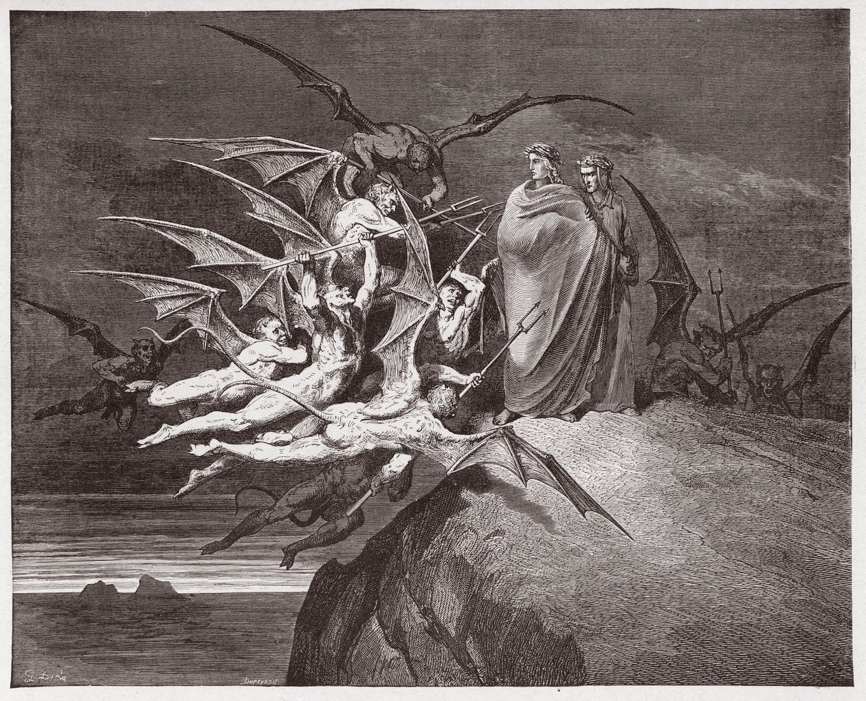 Den gudomliga komedin (La Divina Commedia, La Divine Comedie), Inferno, Canto 21: Demonerna hotar Vergilius - av Dante Alighieri (1265-1321) - Illustration av Gustave Dore (1832-1883) av Gustave Dore