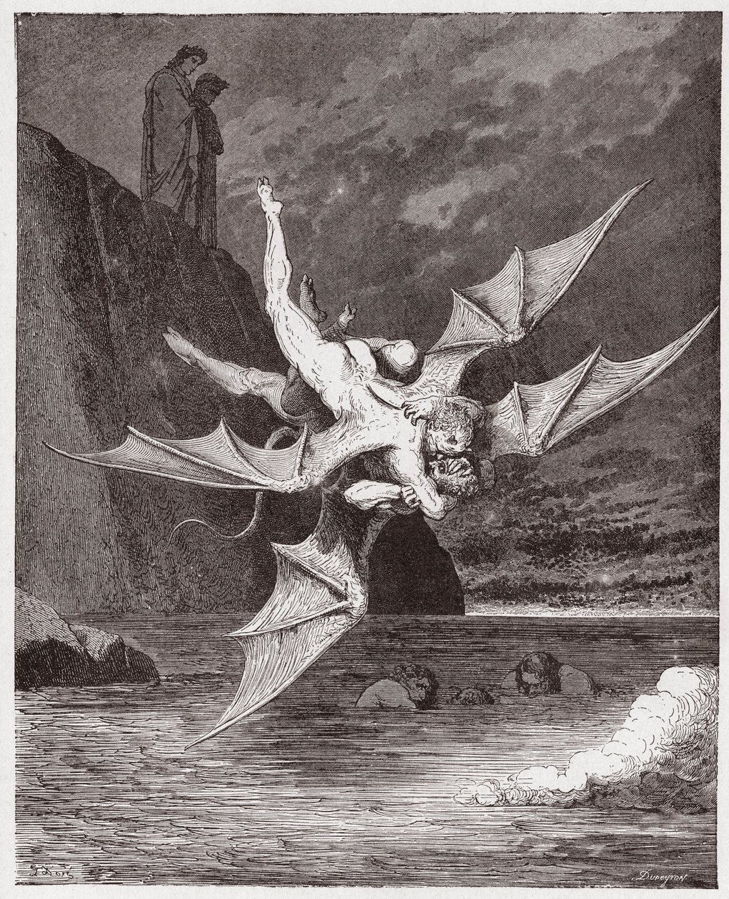 Den gudomliga komedin (La Divina Commedia, La Divine Comedie), Inferno, Canto 22: Alichino och Calcabrina tävlar ovanför planen - av Dante Alighieri (1265-1321) - Illustration av Gustave Dore (1832-1883) av Gustave Dore