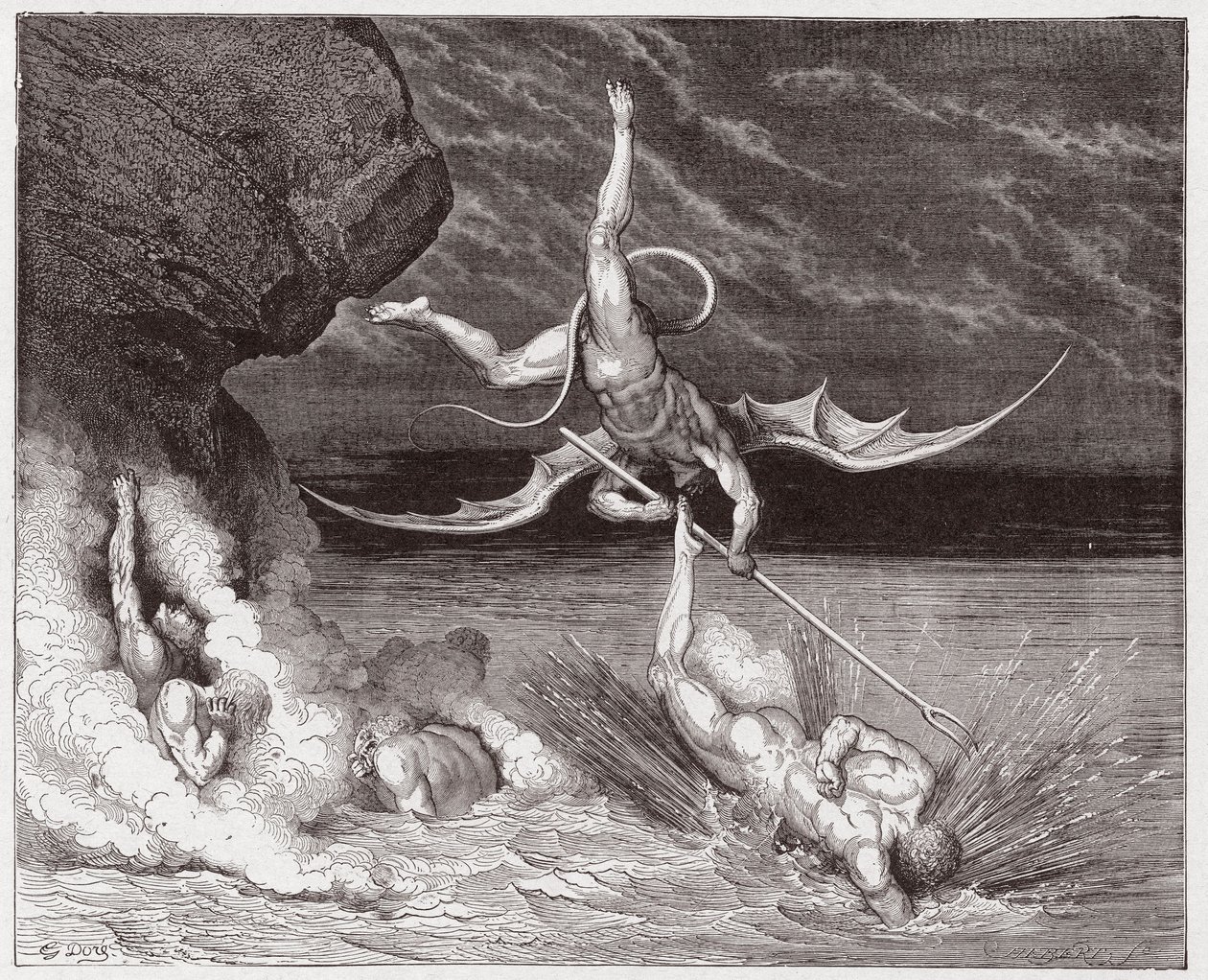 The Divine Comedy (La Divina Commedia, La Divine Comedie), Inferno, Canto 22: Ciampolo flyr demonen Alichino i den femte bolgia - av Dante Alighieri (1265-1321) - Illustration av Gustave Dore (1832-1883) av Gustave Dore