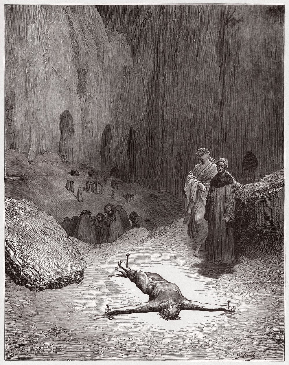 Den gudomliga komedin (La Divina Commedia, La Divine Comedie), Inferno, Canto 23: En korsfäst farisé bland hycklarna - av Dante Alighieri (1265-1321) - Illustration av Gustave Dore (1832-1883) av Gustave Dore