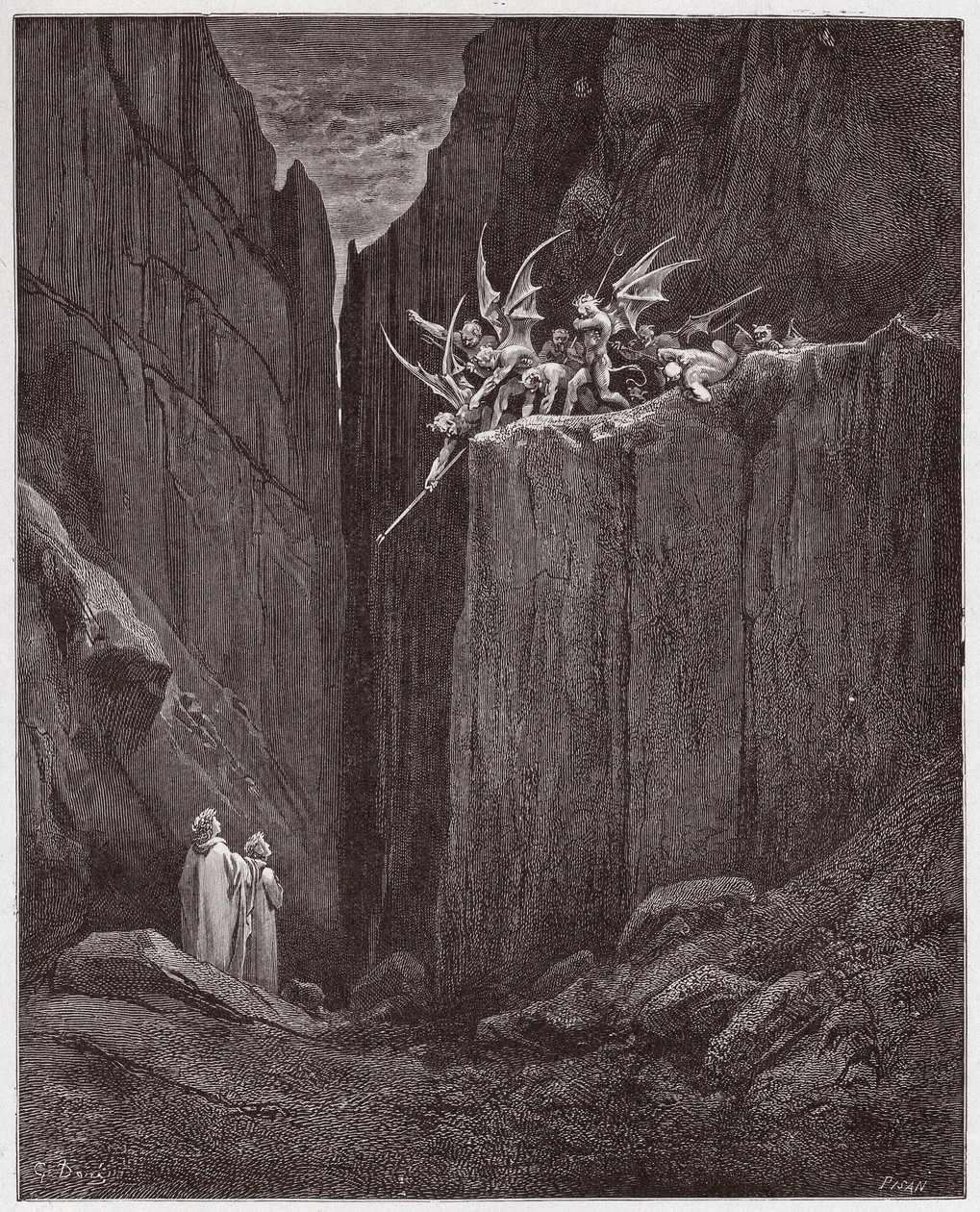 The Divine Comedy (La Divina Commedia, La Divine Comedie), Inferno, Canto 23: Poeterna flyr demonerna i den femte bolgia - av Dante Alighieri (1265-1321) - Illustration av Gustave Dore (1832-1883) av Gustave Dore