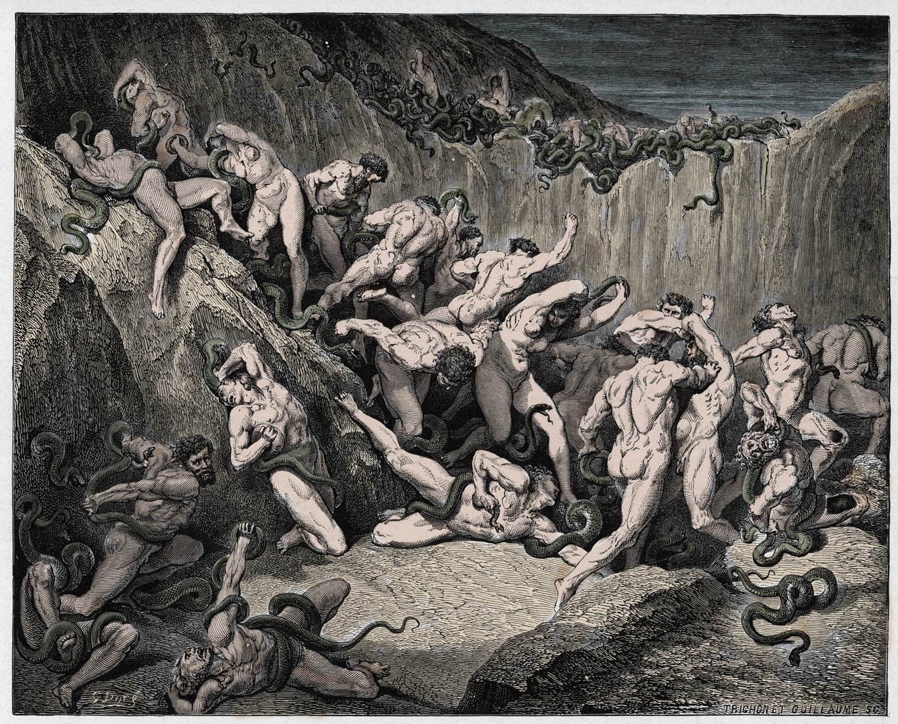 The Divine Comedy (La Divina Commedia, La Divine Comedie), Inferno, Canto 24 : Tjuvarna plågade av ormar - av Dante Alighieri (1265-1321) - Illustration av Gustave Dore (1832-1883) av Gustave Dore