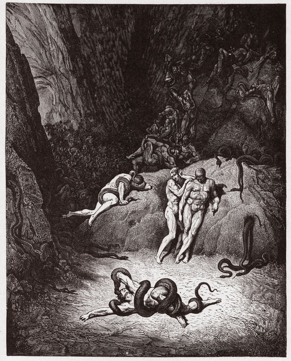 The Divine Comedy (La Divina Commedia, La Divine Comedie), Inferno, Canto 25: Agnello transforming into a orm - av Dante Alighieri (1265-1321) - Illustration av Gustave Dore (1832-1883) av Gustave Dore