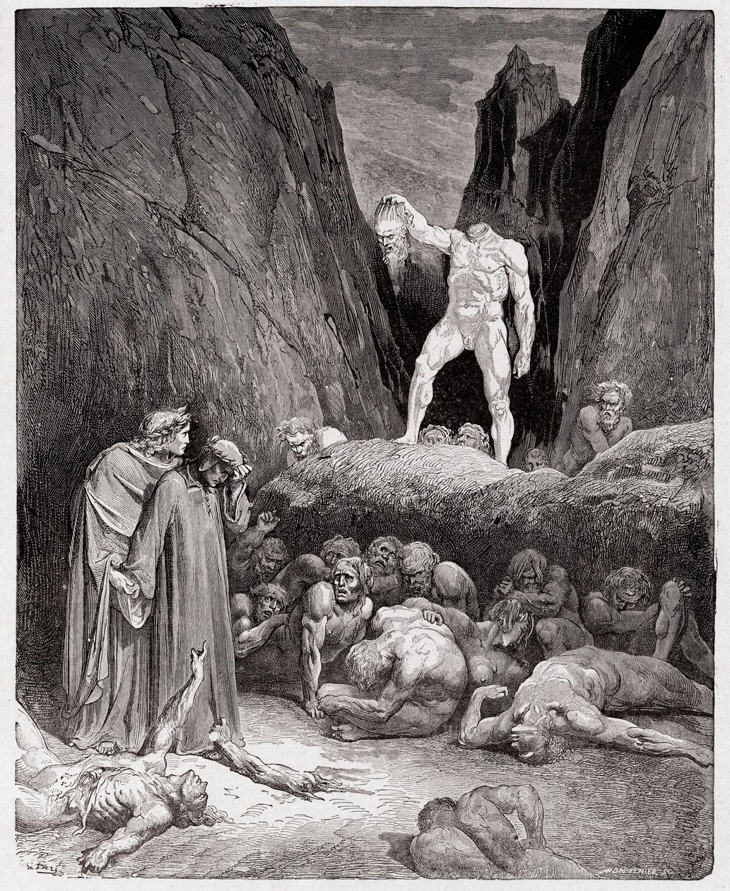 The Divine Comedy (La Divina Commedia, La Divine Comedie), Inferno, Canto 28: Det avhuggna huvudet av Bertrand de Born talar till Dante - av Dante Alighieri (1265-1321) - Illustration av Gustave Dore (1832-1883) av Gustave Dore