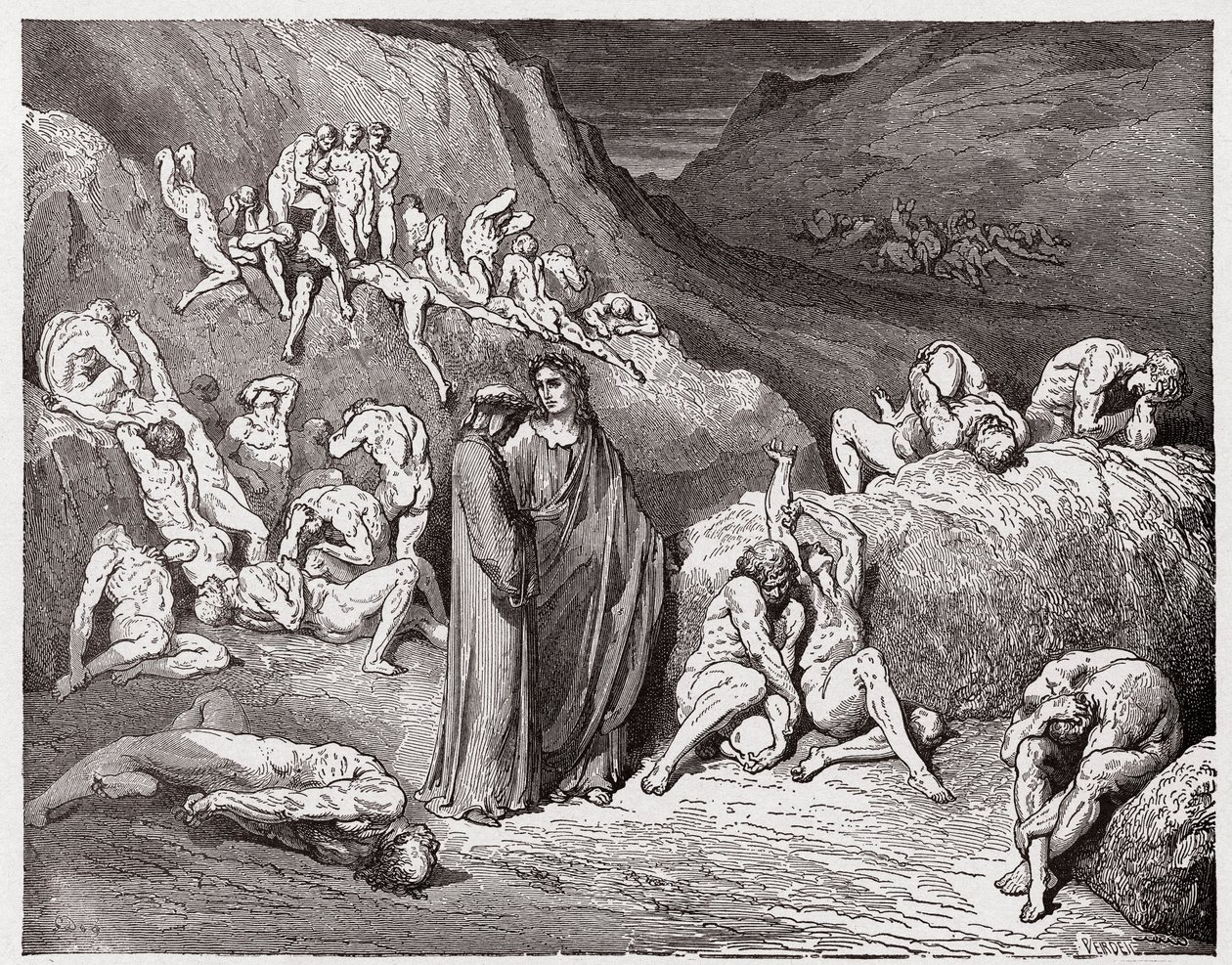 The Divine Comedy (La Divina Commedia, La Divine Comedie), Inferno, Canto 29: Förfalskarna och förfalskarna plågade av klåda - av Dante Alighieri (1265-1321) - Illustration av Gustave Dore (1832-1883) av Gustave Dore