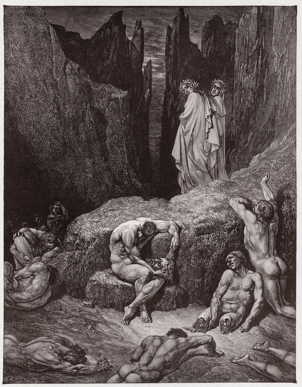 The Divine Comedy (La Divina Commedia, La Divine Comedie), Inferno, Canto 29: Vergilius bestrider Dantes nyfikenhet - av Dante Alighieri (1265-1321) - Illustration av Gustave Dore (1832-1883) av Gustave Dore
