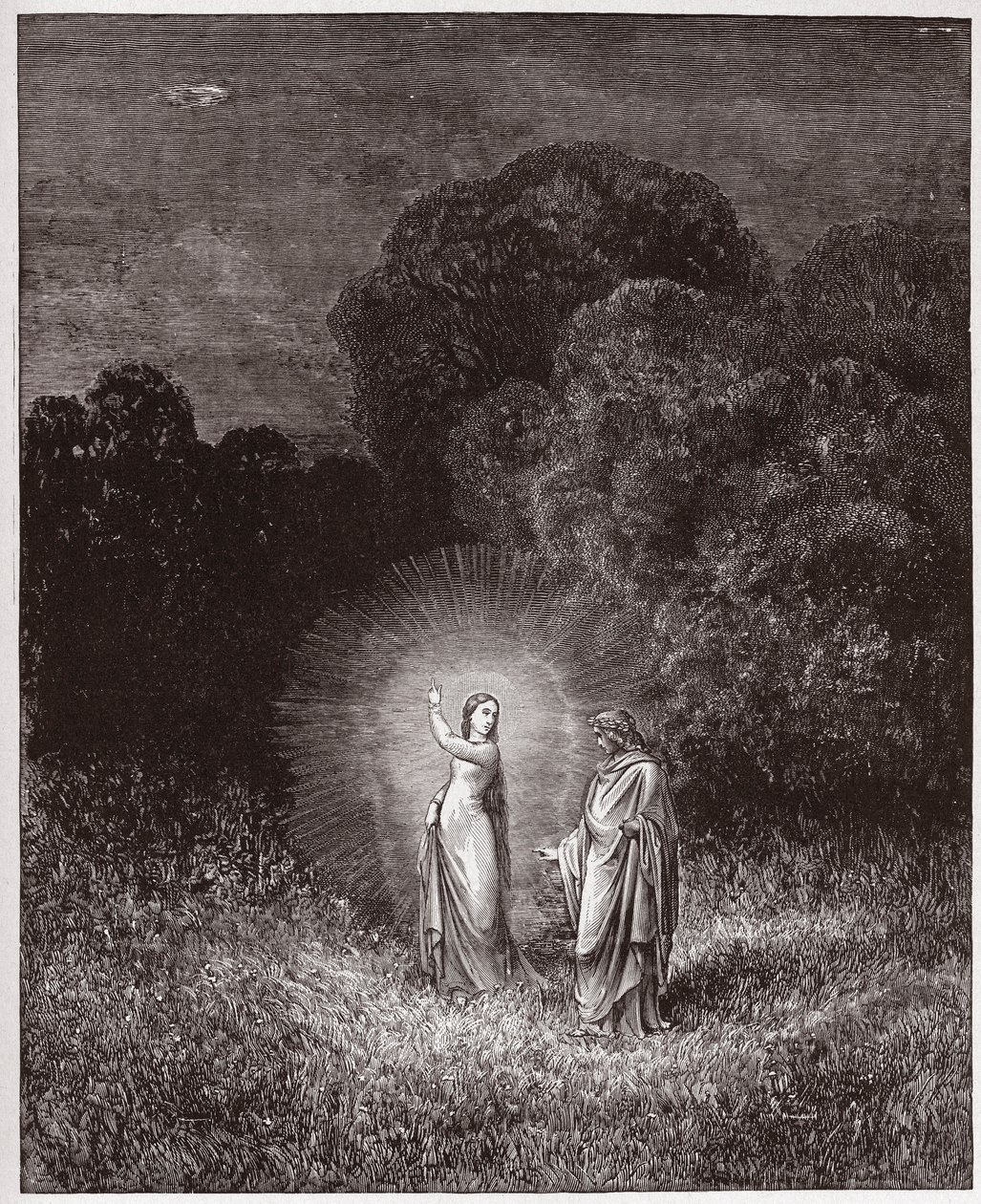 Den gudomliga komedin (La Divina Commedia, La Divine Comedie), Inferno, Canto 2: Beatrice och Vergilius - av Dante Alighieri (1265-1321) - Illustration av Gustave Dore (1832-1883) av Gustave Dore