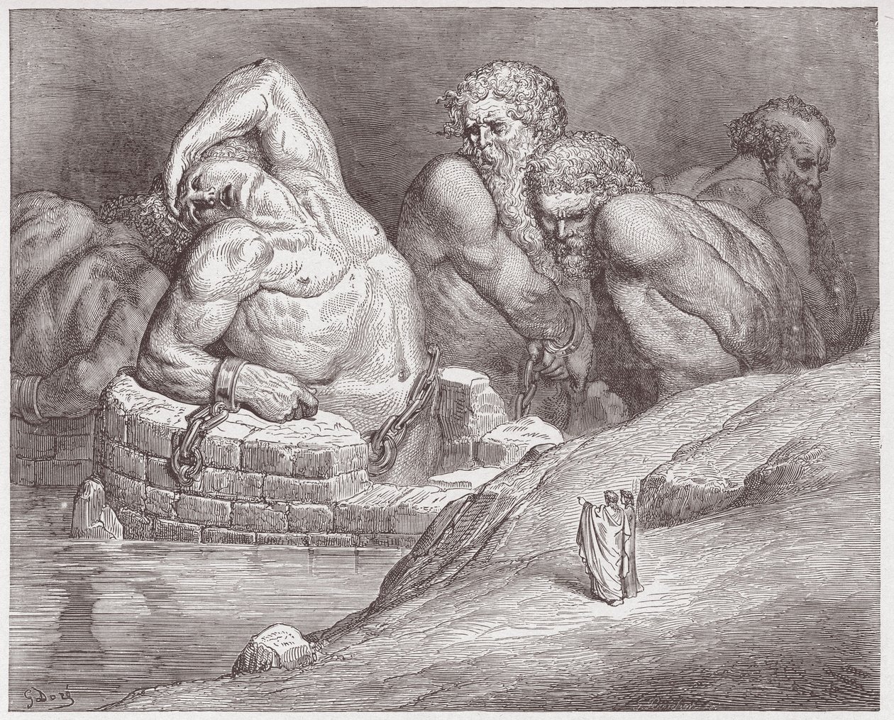 The Divine Comedy (La Divina Commedia, La Divine Comedie), Inferno, Canto 31: Ephialtes in manacles among the giants - av Dante Alighieri (1265-1321) - Illustration av Gustave Dore (1832-1883) av Gustave Dore
