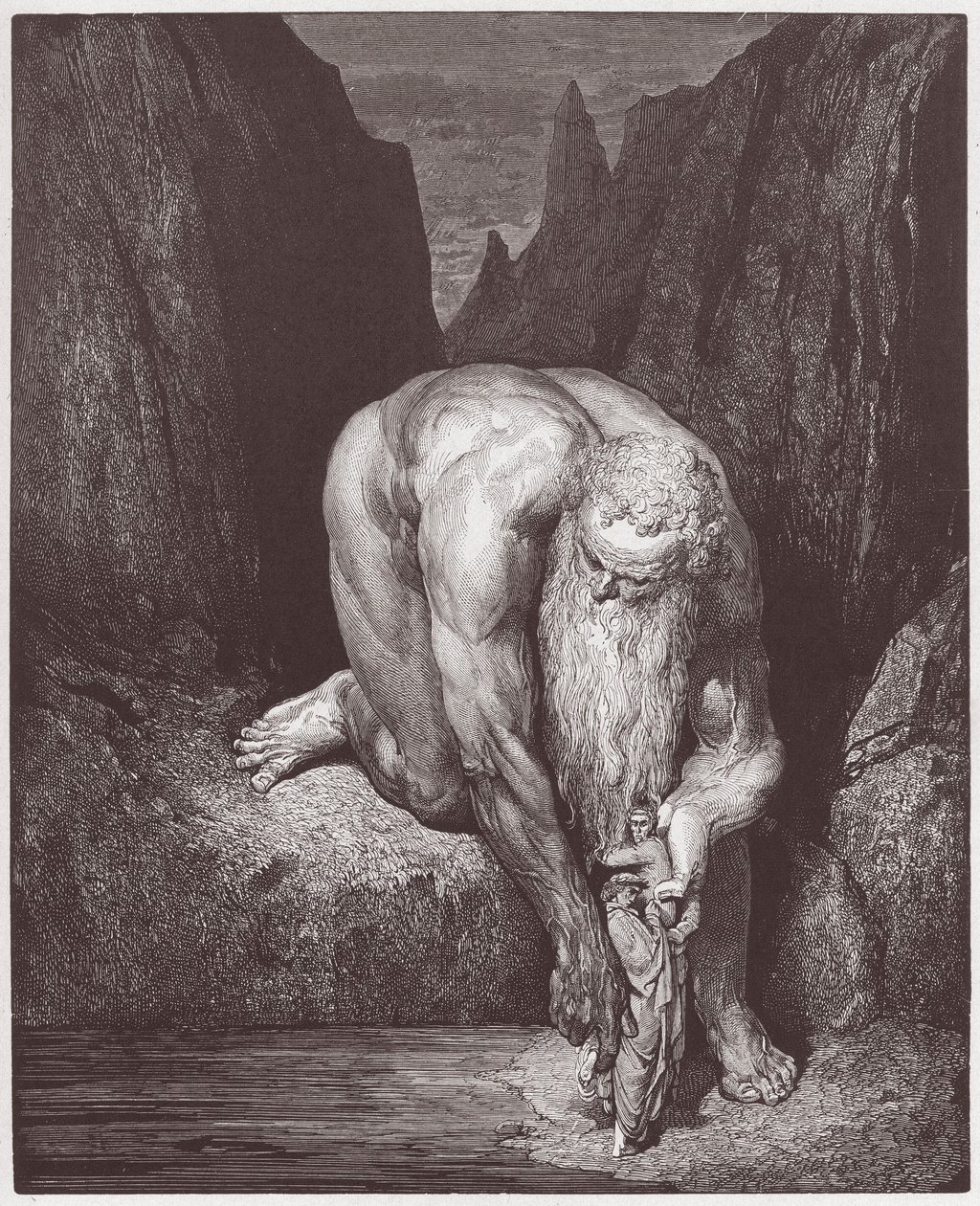 Den gudomliga komedin (La Divina Commedia, La Divine Comedie), Inferno, Canto 31: Jätten Antaeus sänker Dante och Vergilius in i den sista cirkeln - av Dante Alighieri (1265-1321) - Illustration av Gustave Dore (1832-1883) av Gustave Dore
