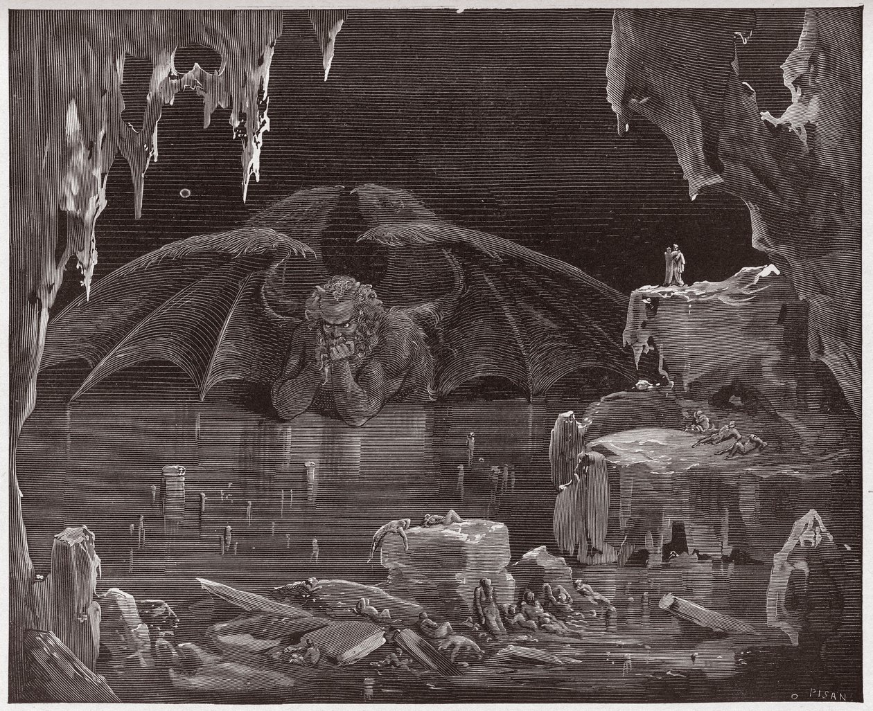 The Divine Comedy (La Divina Commedia, La Divine Comedie), Inferno, Canto 34: Lucifer, kung av helvetet, frusen i isen - av Dante Alighieri (1265-1321) - Illustration av Gustave Dore (1832-1883) av Gustave Dore