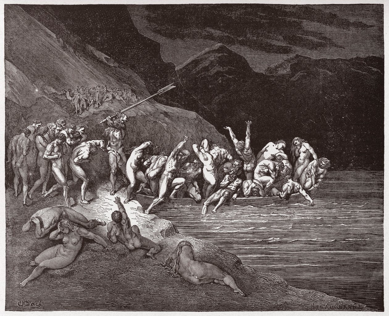 Den gudomliga komedin (La Divina Commedia, La Divine Comedie), Inferno, Canto 3: De dömda själarna som ger sig iväg för att korsa Acheron - av Dante Alighieri (1265-1321) - Illustration av Gustave Dore (1832-1883) av Gustave Dore