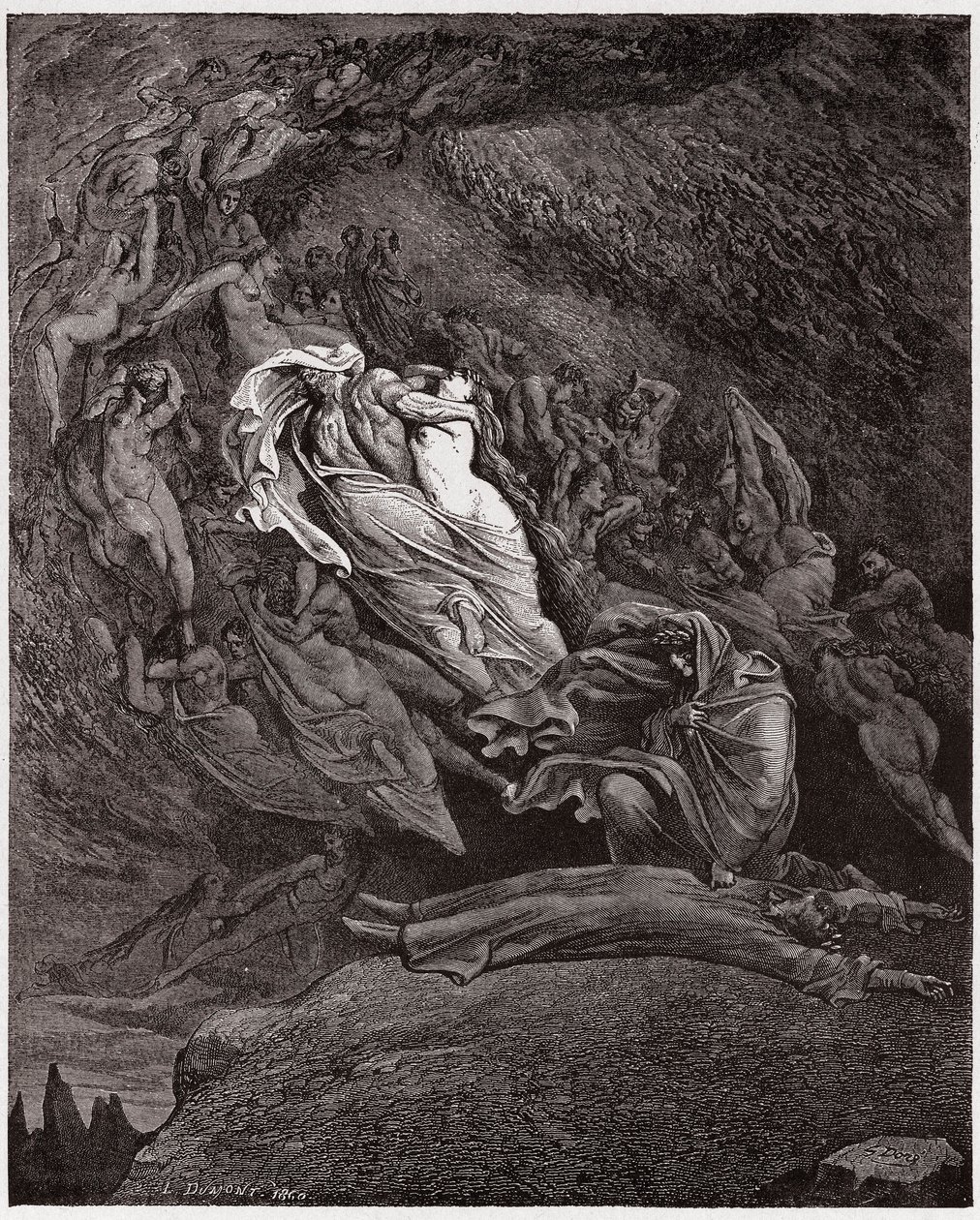 The Divine Comedy (La Divina Commedia, La Divine Comedie), Inferno, Canto 5: Francesca beskriver hennes död - av Dante Alighieri (1265-1321) - Illustration av Gustave Dore (1832-1883) av Gustave Dore
