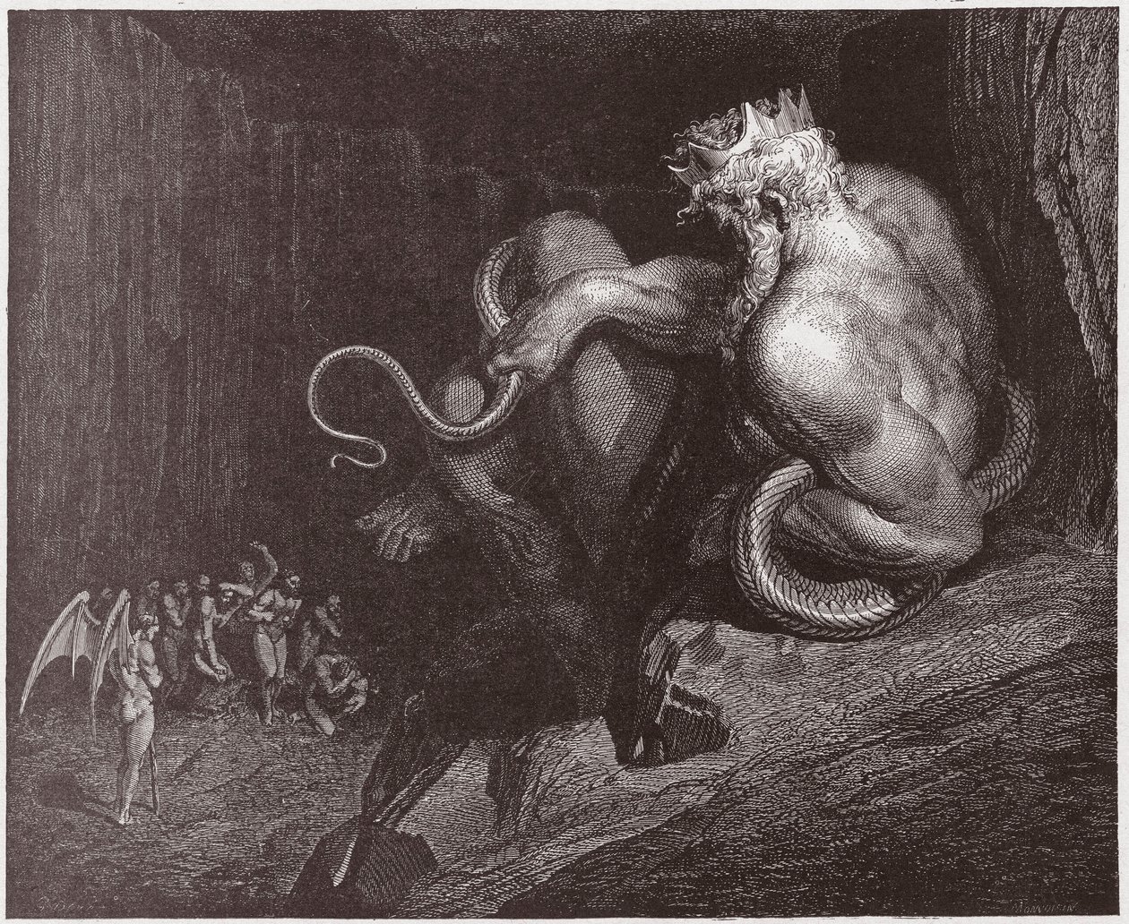 The Divine Comedy (La Divina Commedia, La Divine Comedie), Inferno, Canto 5: Minos dömer överträdelserna och skickar ut själarna - av Dante Alighieri (1265-1321) - Illustration av Gustave Dore (1832-1883) av Gustave Dore