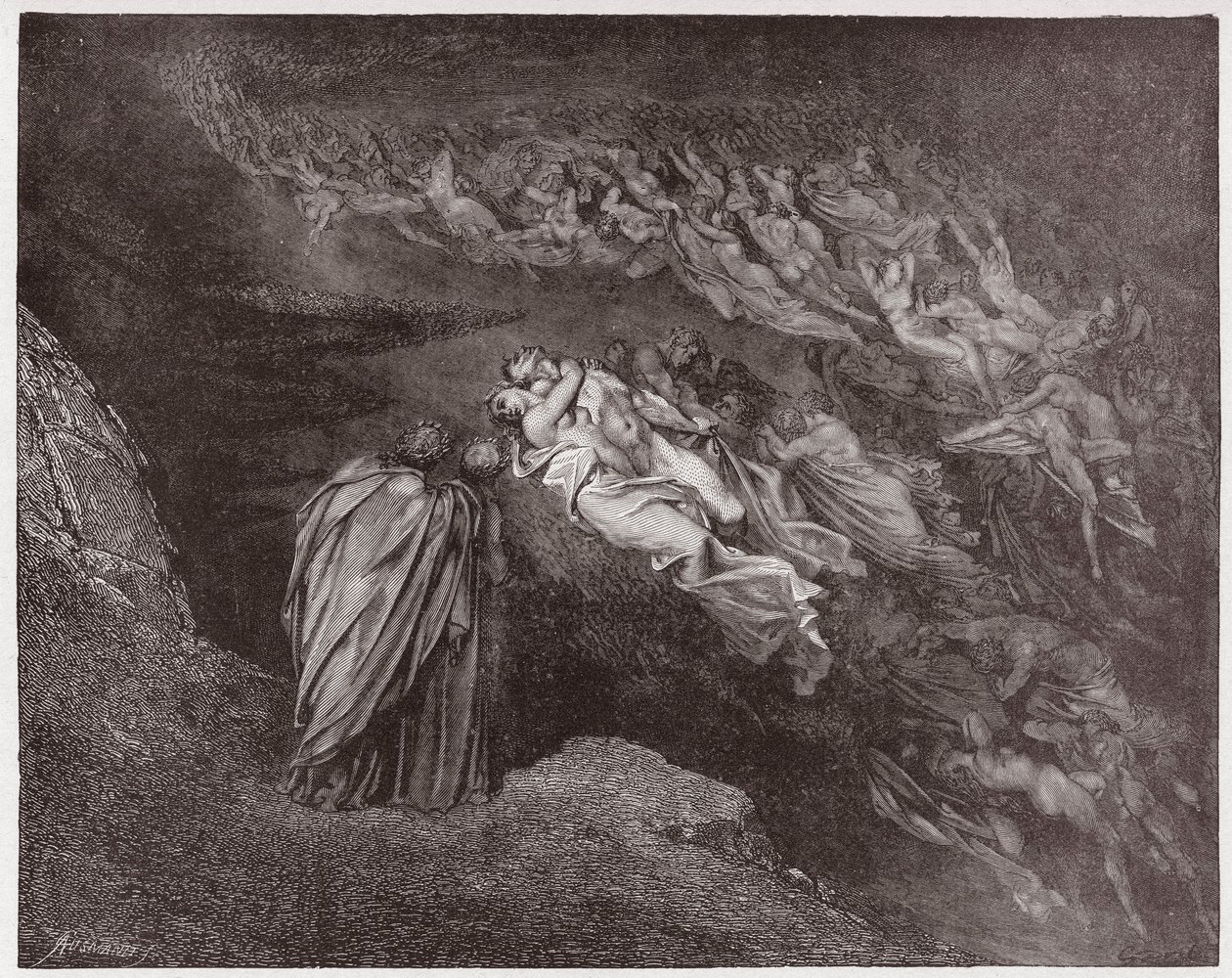 The Divine Comedy (La Divina Commedia, La Divine Comedie), Inferno, Canto 5: Francescas själ talar till Dante - av Dante Alighieri (1265-1321) - Illustration av Gustave Dore (1832-1883) av Gustave Dore