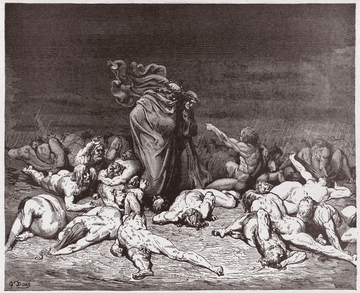 Den gudomliga komedin (La Divina Commedia, La Divine Comedie), Inferno, Canto 6: Frossarna som slagits av evigt regn - av Dante Alighieri (1265-1321) - Illustration av Gustave Dore (1832-1883) av Gustave Dore