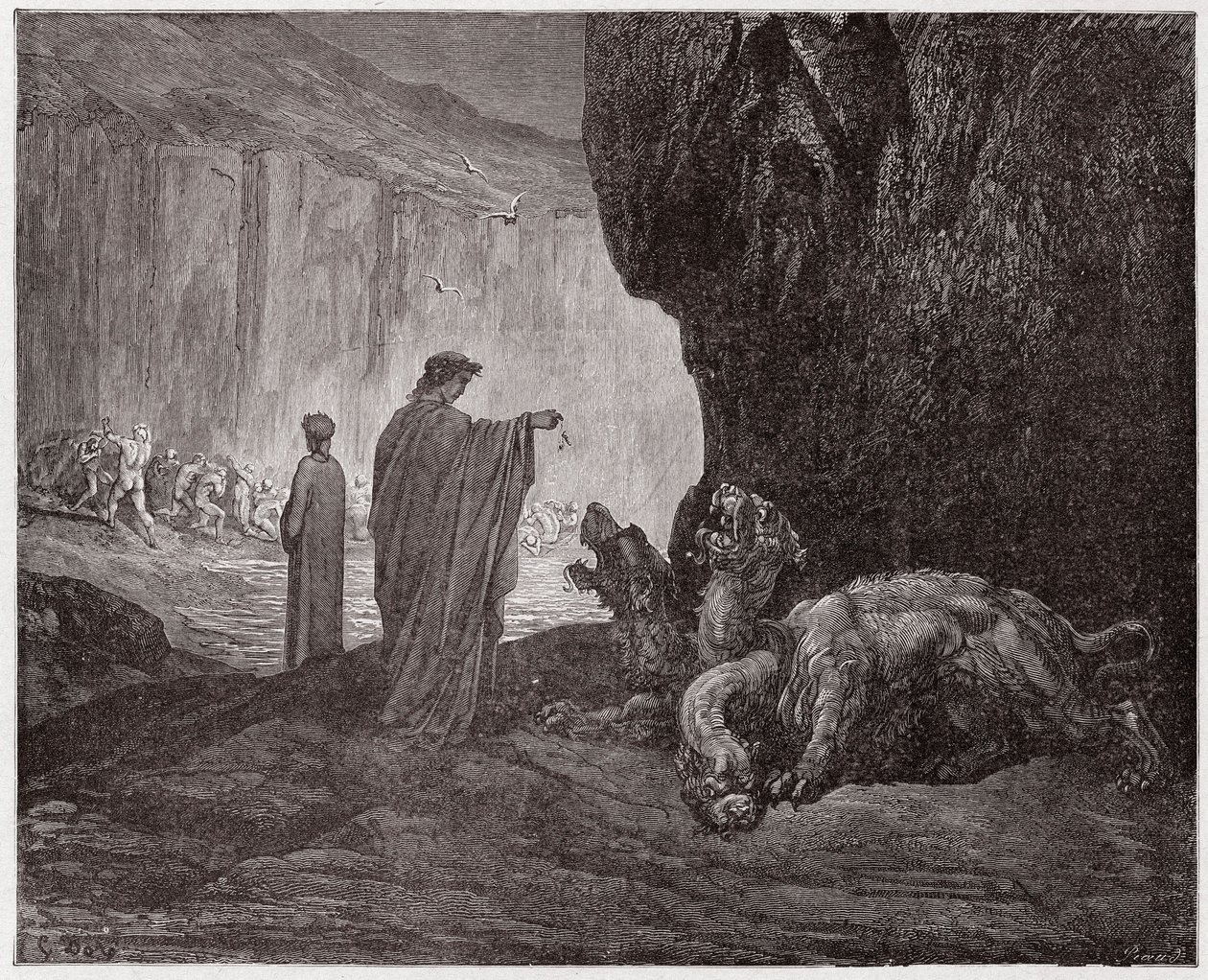The Divine Comedy (La Divina Commedia, La Divine Comedie), Inferno, Canto 6: Virgil matar Cerberus i den tredje cirkeln - av Dante Alighieri (1265-1321) - Illustration av Gustave Dore (1832-1883) av Gustave Dore