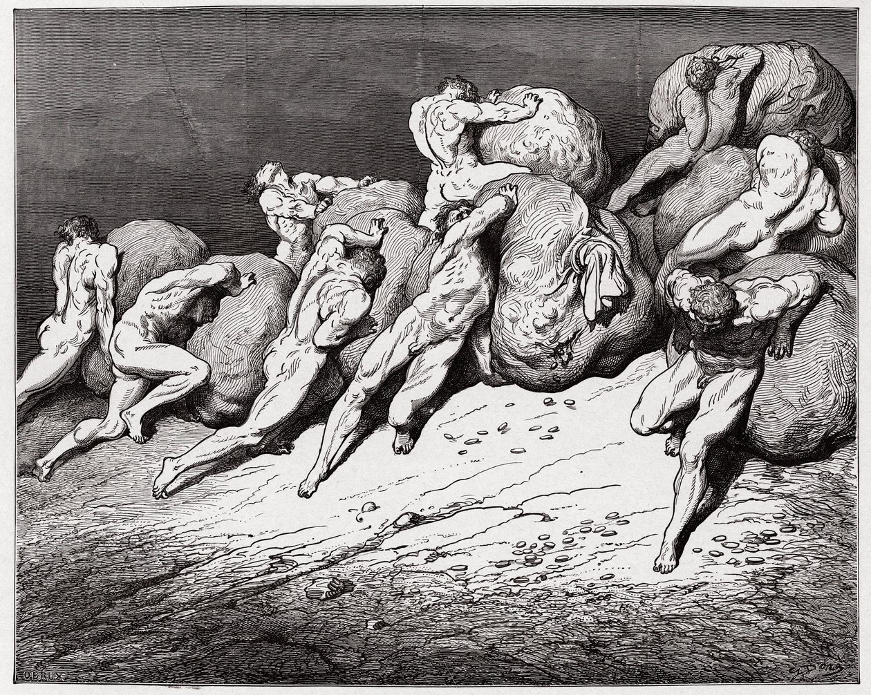 Den gudomliga komedin (La Divina Commedia, La Divine Comedie), Inferno, Canto 7: De girigas och de förlorades själar tvingas rulla tunga stenar - av Dante Alighieri (1265-1321) - Illustration av Gustave Dore (1832-1883) av Gustave Dore