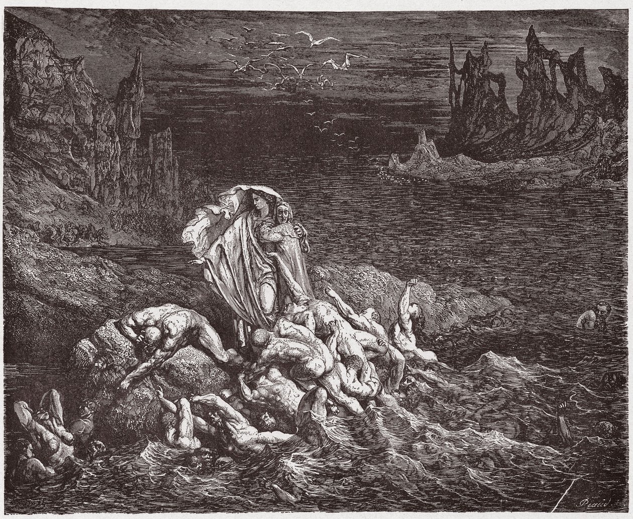 Den gudomliga komedin (La Divina Commedia, La Divine Comedie), Inferno, Canto 7: Vergilius visar Dante de vrednas själar i Styxen - av Dante Alighieri (1265-1321) - Illustration av Gustave Dore (1832-1883) av Gustave Dore