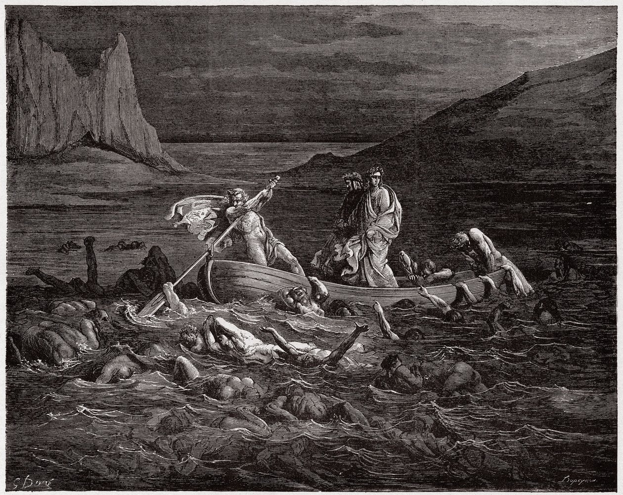 The Divine Comedy (La Divina Commedia, La Divine Comedie), Inferno, Canto 8: Phlegyas färjor Dante och Vergilius över Styx - av Dante Alighieri (1265-1321) - Illustration av Gustave Dore (1832-1883) av Gustave Dore