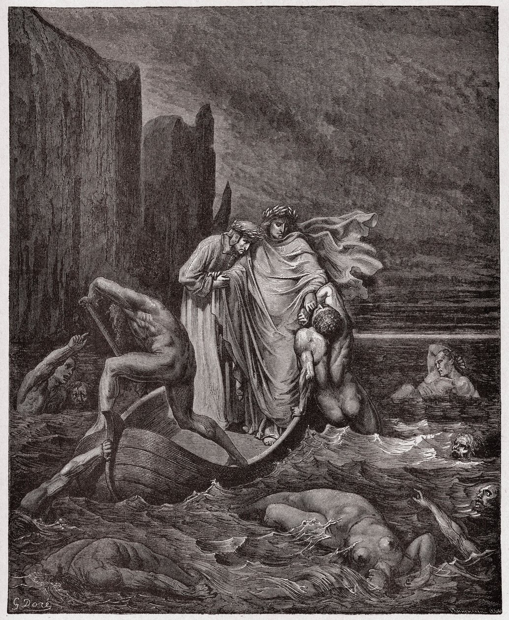The Divine Comedy (La Divina Commedia, La Divine Comedie), Inferno, Canto 8: Florentinaren Philippo Argentis själ tilltalar poeterna på Styxen - av Dante Alighieri (1265-1321) - Illustration av Gustave Dore (1832-1883) av Gustave Dore