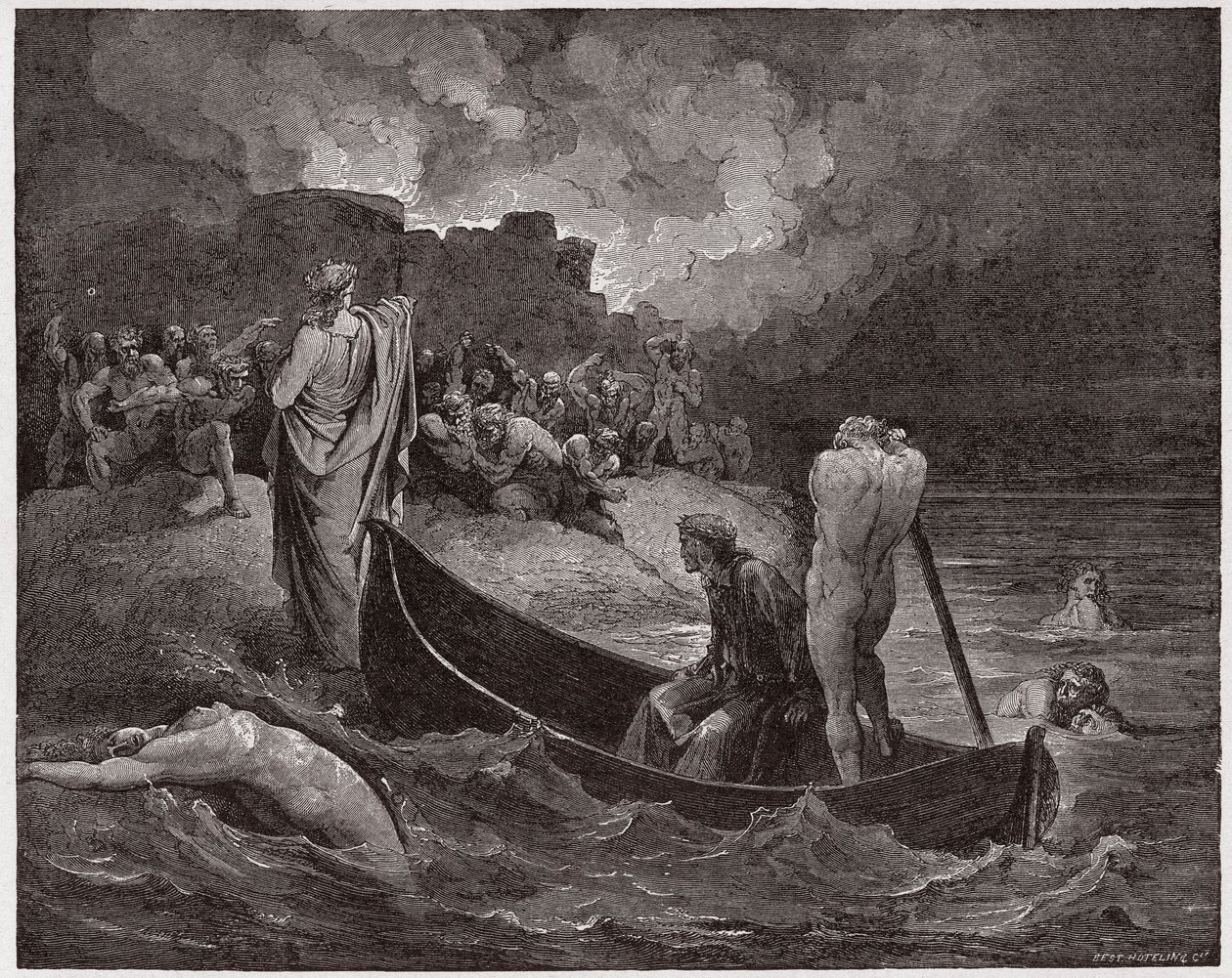 Den gudomliga komedin (La Divina Commedia, La Divine Comedie), Inferno, Canto 8: Vergilius och Dante går i land vid citadellet Dis - av Dante Alighieri (1265-1321) - Illustration av Gustave Dore (1832-1883) av Gustave Dore