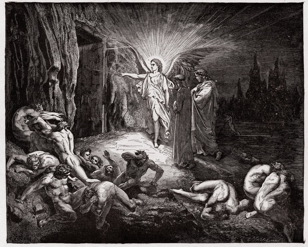 Den gudomliga komedin (La Divina Commedia, La Divine Comedie), Inferno, Canto 9: Ängeln öppnar portarna - av Dante Alighieri (1265-1321) - Illustration av Gustave Dore (1832-1883) av Gustave Dore