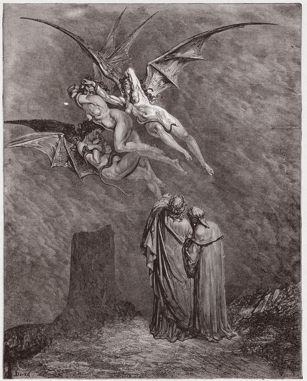 The Divine Comedy (La Divina Commedia, La Divine Comedie), Inferno, Canto 9: The heeous Erinyes: Megaera, Tisphone, Alecto - av Dante Alighieri (1265-1321) - Illustration av Gustave Dore (1832-1883) av Gustave Dore