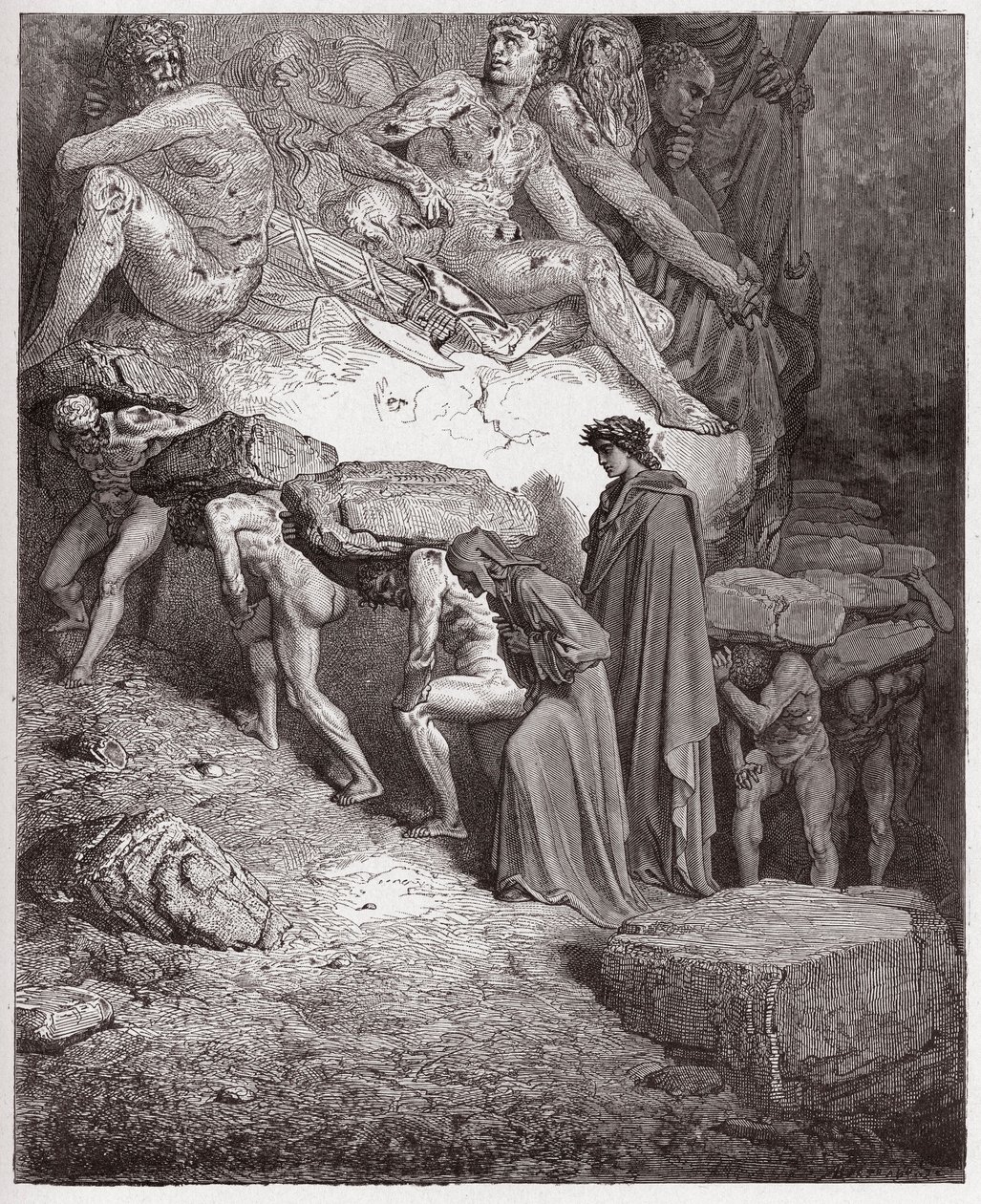 Den gudomliga komedin (La Divina Commedia, La Divine Comedie), Purgatorio, Canto 11: De stolta, bärande tunga stenars själar - av Dante Alighieri (1265-1321) - Illustration av Gustave Dore (1832-1883) av Gustave Dore