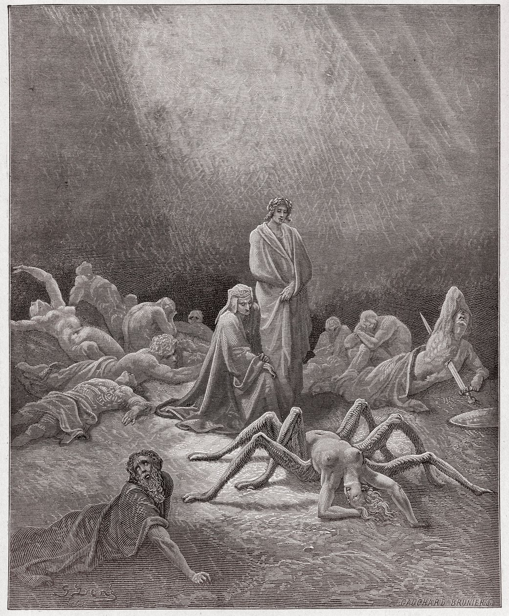 The Divine Comedy (La Divina Commedia, La Divine Comedie), Purgatorio, Canto 12: Dante ser på Arachnes själ - av Dante Alighieri (1265-1321) - Illustration av Gustave Dore (1832-1883) av Gustave Dore