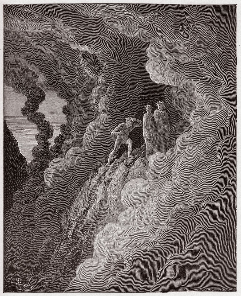 The Divine Comedy (La Divina Commedia, La Divine Comedie), Purgatorio, Canto 16: Marco Lombardo följer poeterna genom röken - av Dante Alighieri (1265-1321) - Illustration av Gustave Dore (1832-1883) av Gustave Dore