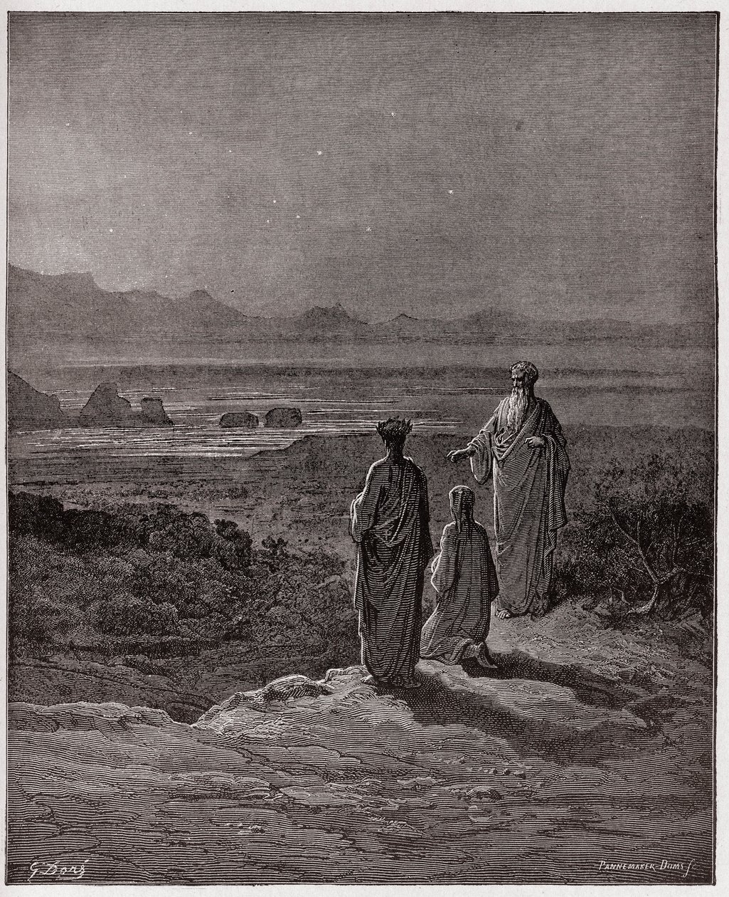 The Divine Comedy (La Divina Commedia, La Divine Comedie), Purgatorio, Canto 1: Dante knäböjer framför Statius - av Dante Alighieri (1265-1321) - Illustration av Gustave Dore (1832-1883) av Gustave Dore