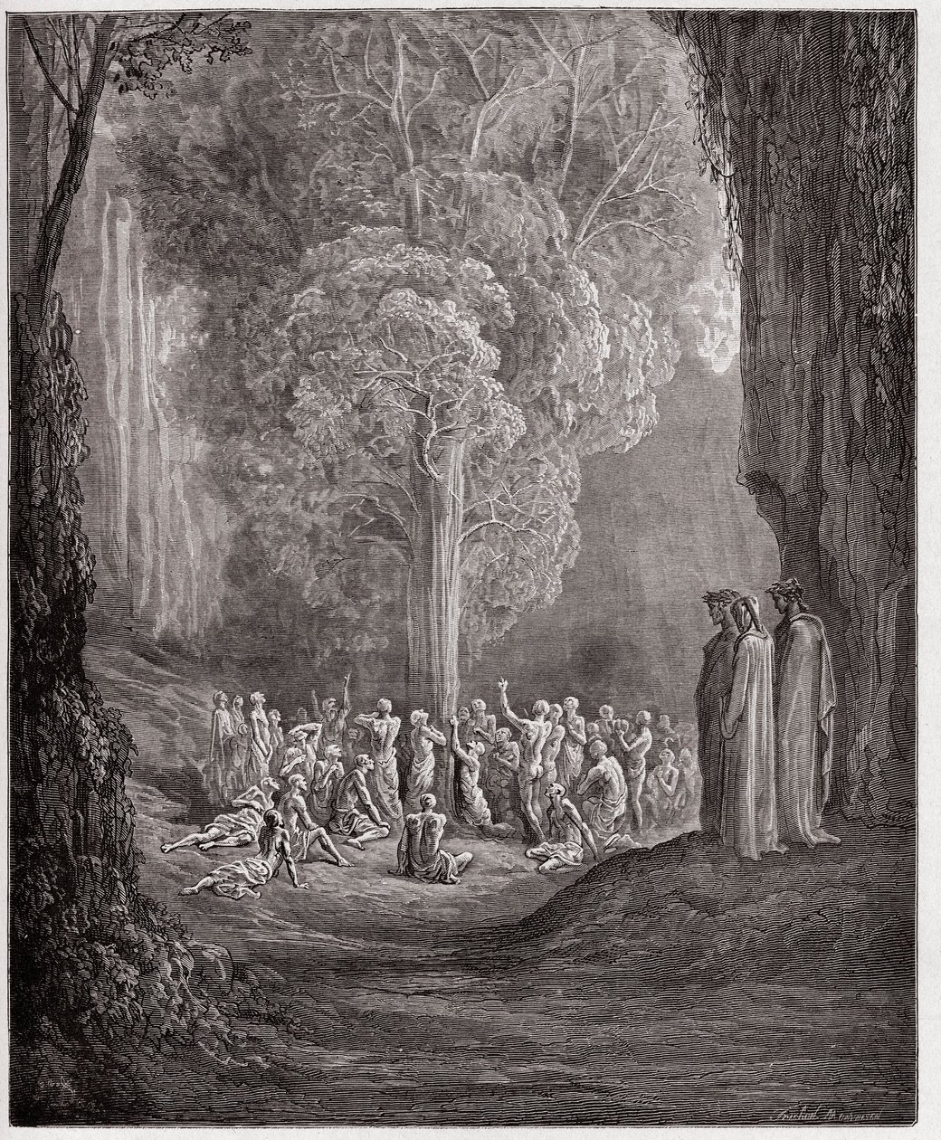 Den gudomliga komedin (La Divina Commedia, La Divine Comedie), Purgatorio, Canto 24: De frossande själarna som ropar under trädet - av Dante Alighieri (1265-1321) - Illustration av Gustave Dore (1832-1883) av Gustave Dore