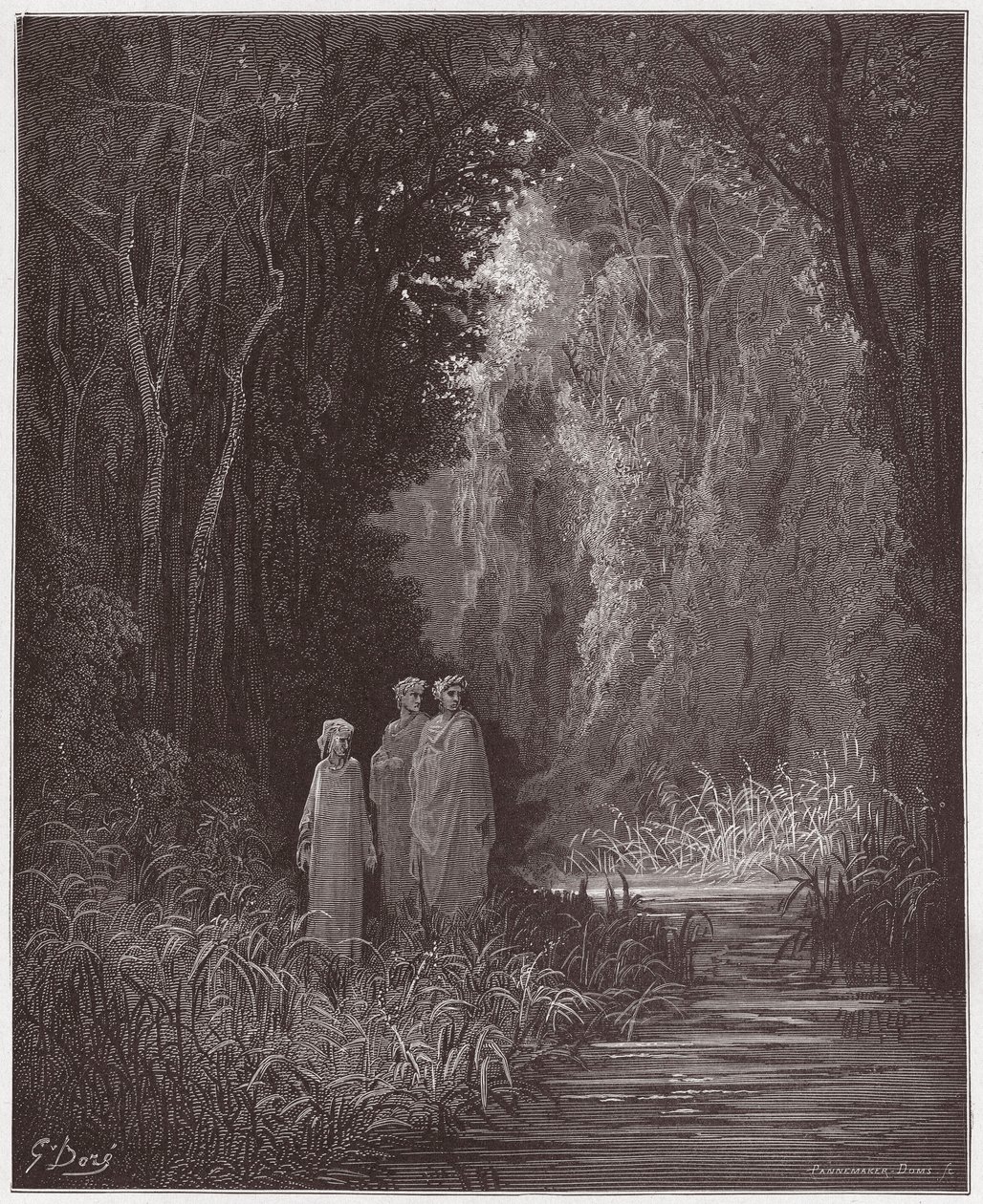 Den gudomliga komedin (La Divina Commedia, La Divine Comedie), Purgatorio, Canto 28: Dante, Vergilius och Statius i den antika skogen i det terrestra paradiset - av Dante Alighieri (1265-1321) - Illustration av Gustave Dore (1832-1883) ) av Gustave Dore