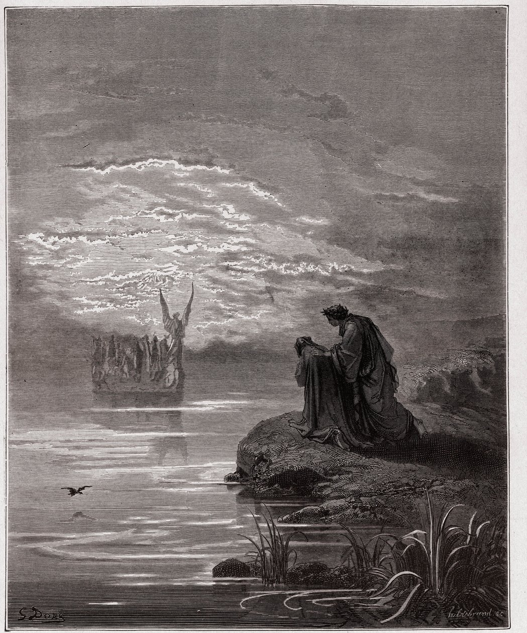 The Divine Comedy (La Divina Commedia, La Divine Comedie), Purgatorio, Canto 2: Dante bugar sig för änglapiloten - av Dante Alighieri (1265-1321) - Illustration av Gustave Dore (1832-1883) av Gustave Dore