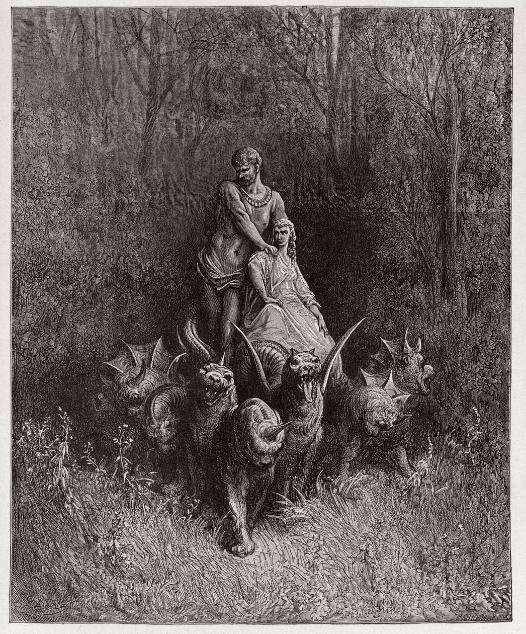 The Divine Comedy (La Divina Commedia, La Divine Comedie), Purgatorio, Canto 32: Jätten och skökan i vagnen - av Dante Alighieri (1265-1321) - Illustration av Gustave Dore (1832-1883) av Gustave Dore