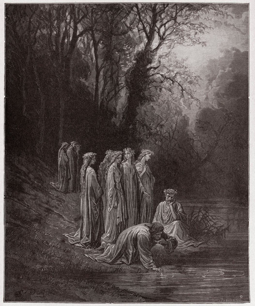 The Divine Comedy (La Divina Commedia, La Divine Comedie), Purgatorio, Canto 33: Dante drinks of the River Eunoe - av Dante Alighieri (1265-1321) - Illustration av Gustave Dore (1832-1883) av Gustave Dore