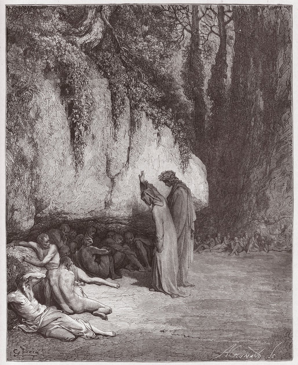 The Divine Comedy (La Divina Commedia, La Divine Comedie), Purgatorio, Canto 4: The indolent souls beside the rock - av Dante Alighieri (1265-1321) - Illustration av Gustave Dore (1832-1883) av Gustave Dore