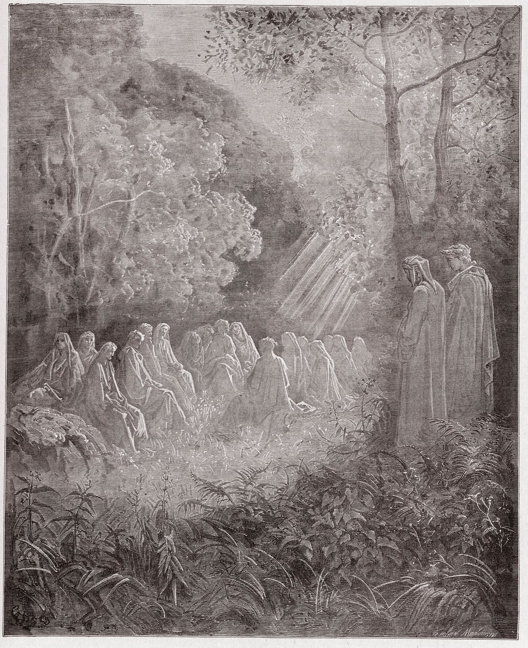 The Divine Comedy (La Divina Commedia, La Divine Comedie), Purgatorio, Canto 7: Andarna som sjunger Salve Regina in the dell - av Dante Alighieri (1265-1321) - Illustration av Gustave Dore (1832-1883) av Gustave Dore
