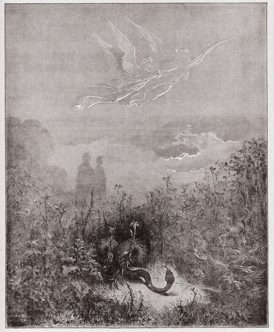 The Divine Comedy (La Divina Commedia, La Divine Comedie), Purgatorio, Canto 8: Änglarna driver bort ormen - av Dante Alighieri (1265-1321) - Illustration av Gustave Dore (1832-1883) av Gustave Dore