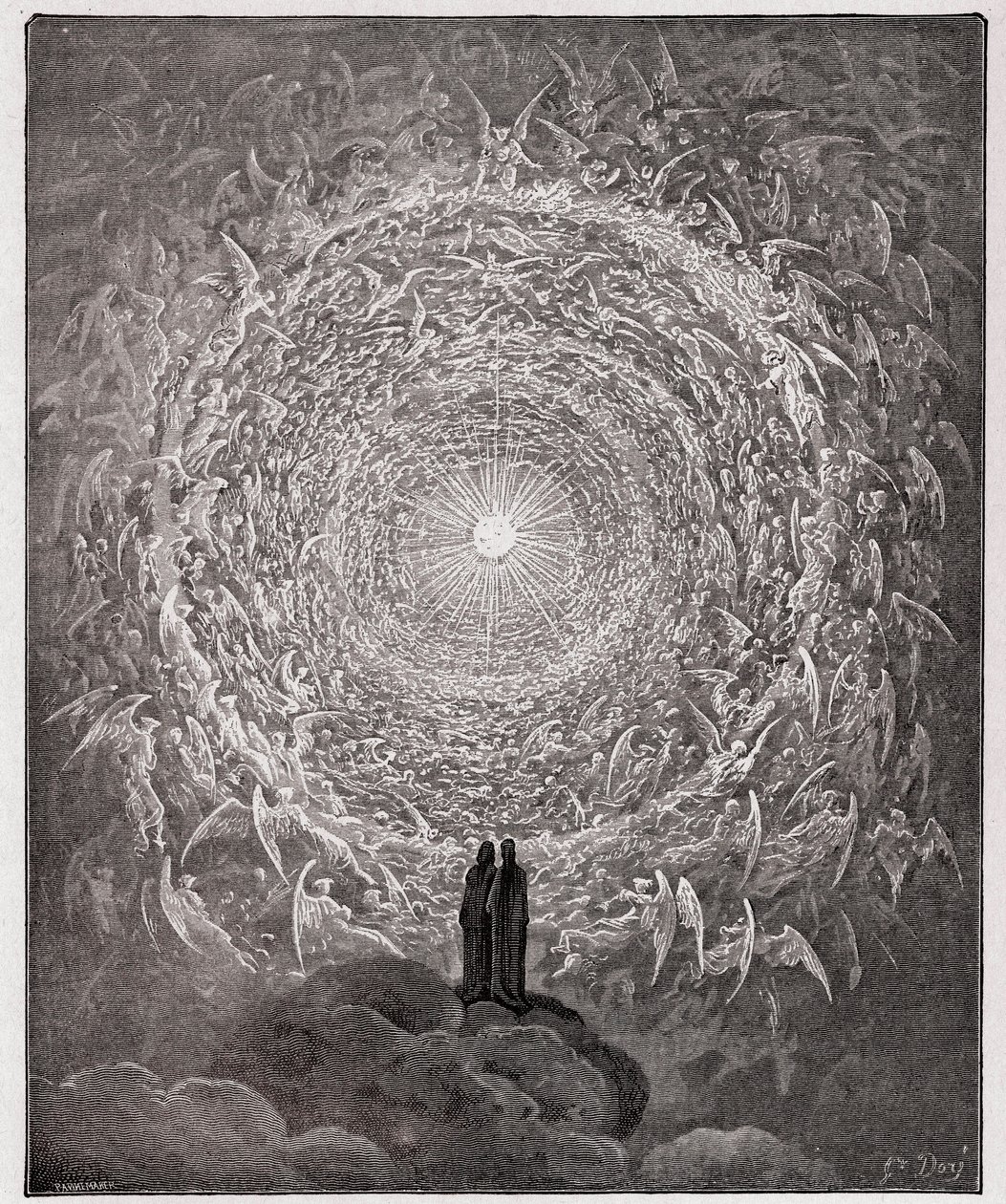 The Divine Comedy, Paradiso, Canto 31: Den helgonliga skaran bildar en ros i empyren (rose celeste) - av Dante Alighieri (1265-1321) av Gustave Dore