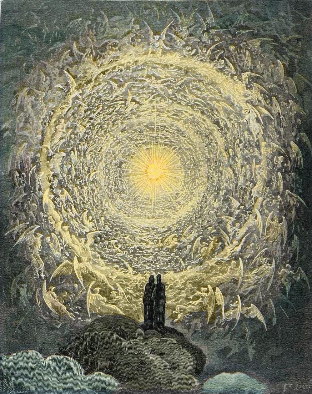 The Divine Comedy, Paradiso, Canto 31: Den helgonliga skaran bildar en ros i empyren (rose celeste) - av Dante Alighieri (1265-1321) av Gustave Dore