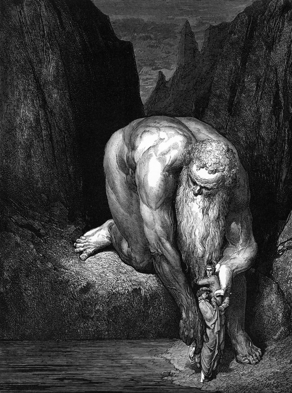 Den gudomliga komedin, av Dante: The Giant Antaeus. av Gustave Dore