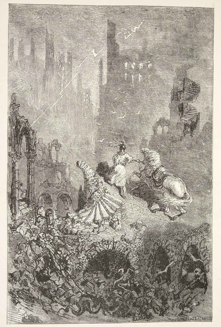 The Downfall of King Pellams Castle, från Stories of the Days of King Arthur av Charles Henry Hanson, pub.1898 av Gustave Dore