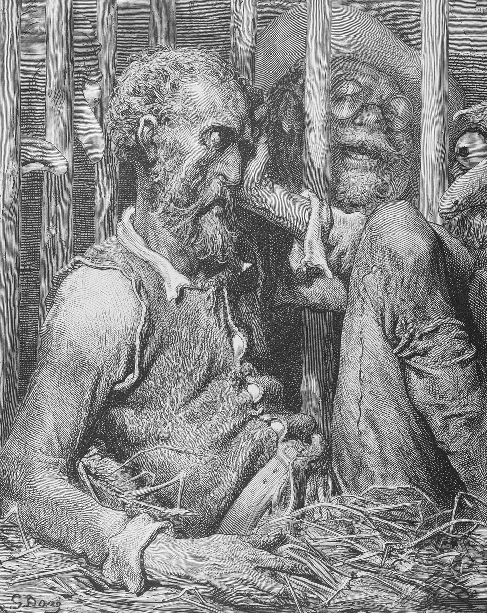 Don Quijotes förtrollning, ur "Don Quijote de la Mancha" av Miguel Cervantes (1547-1616), graverad av Heliodore Joseph Pisan (1822-90) ca 1868. av Gustave Dore
