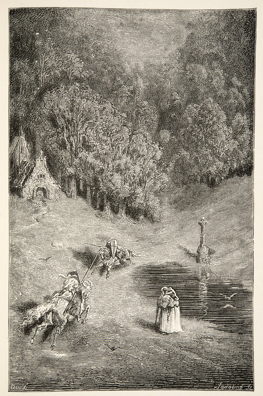 Mötet mellan Arthur och Pellinore, från Stories of the Days of King Arthur av Charles Henry Hanson, pub.1898 av Gustave Dore