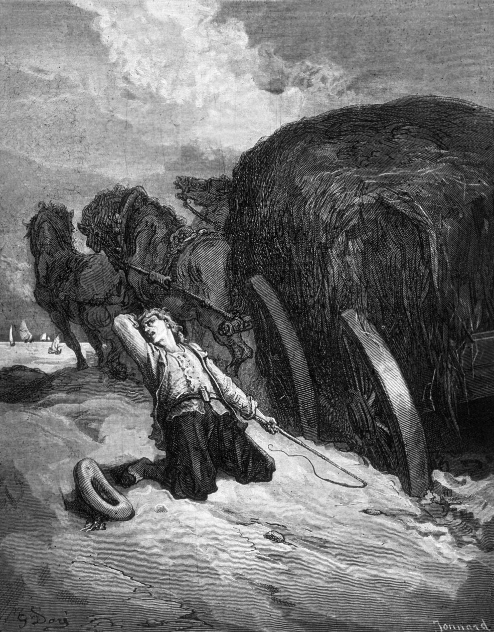 "Fablerna om Jean La Fontaine": "chartier embourbe" (karten som fastnat i leran), gravyr av Paul Jonnard-Pacel efter Gustave Dore av Gustave Dore