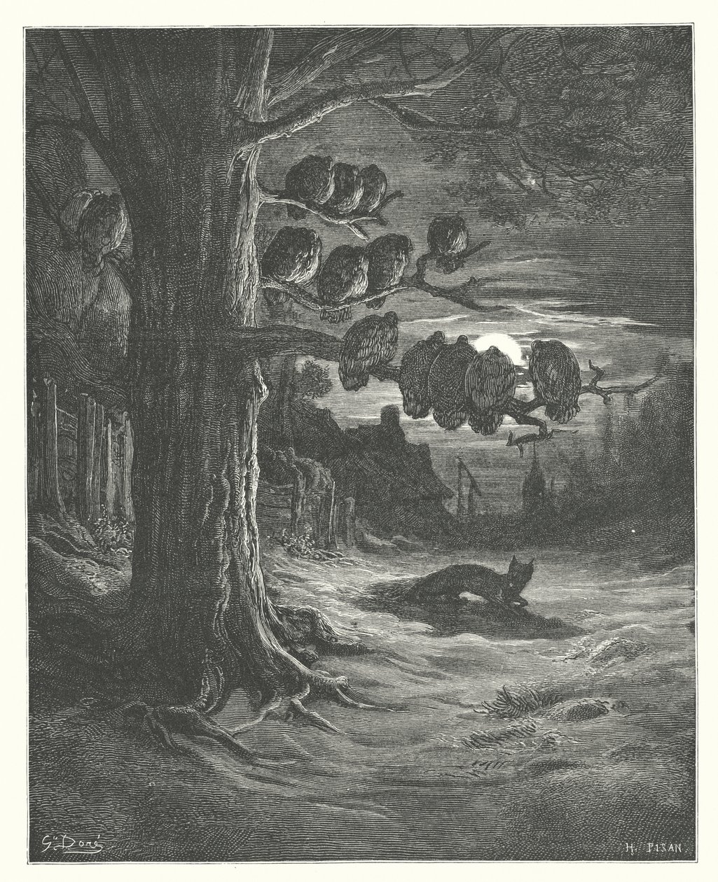 La Fontaines fabler: Räven och kalkonerna (gravyr) av Gustave Dore