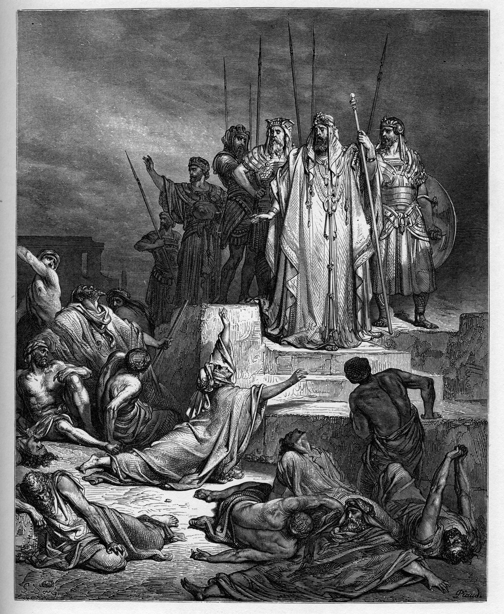 Hungersnöden i Samaria - Gamla testamentet: Belägringen av Samaria. Kungen av Syrien belägrar staden Samaria och reducerade den till en fruktansvärd hungersnöd - - gravyr i "The Bible illustree" av Gustave Dore (1832-1883) - Gravyr från "" The Dore Bible"" av Gustave Dore