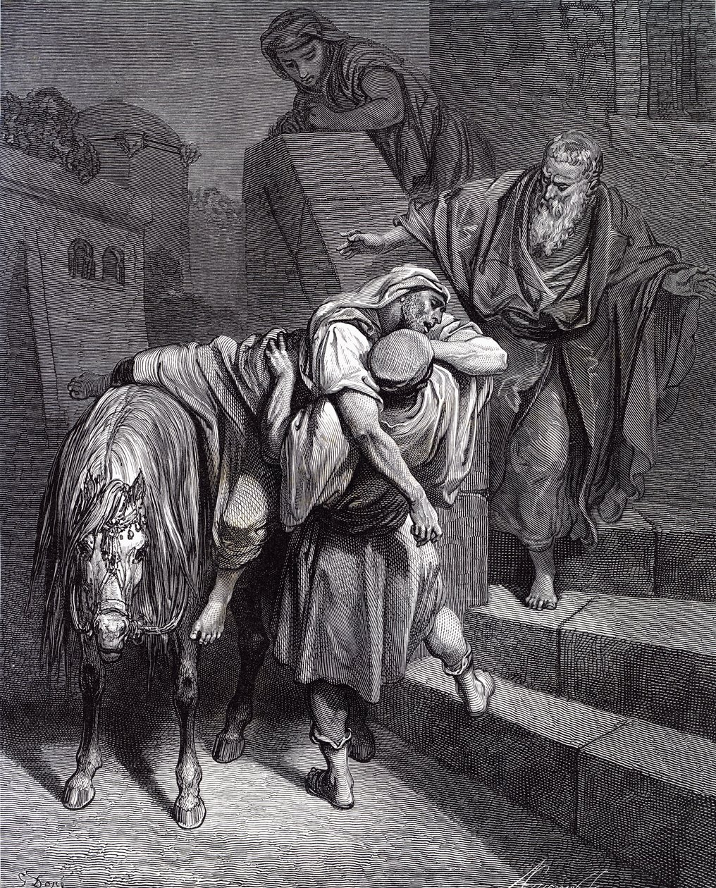 Den barmhärtige samariten på värdshuset, av Doré. - Bibeln av Gustave Dore